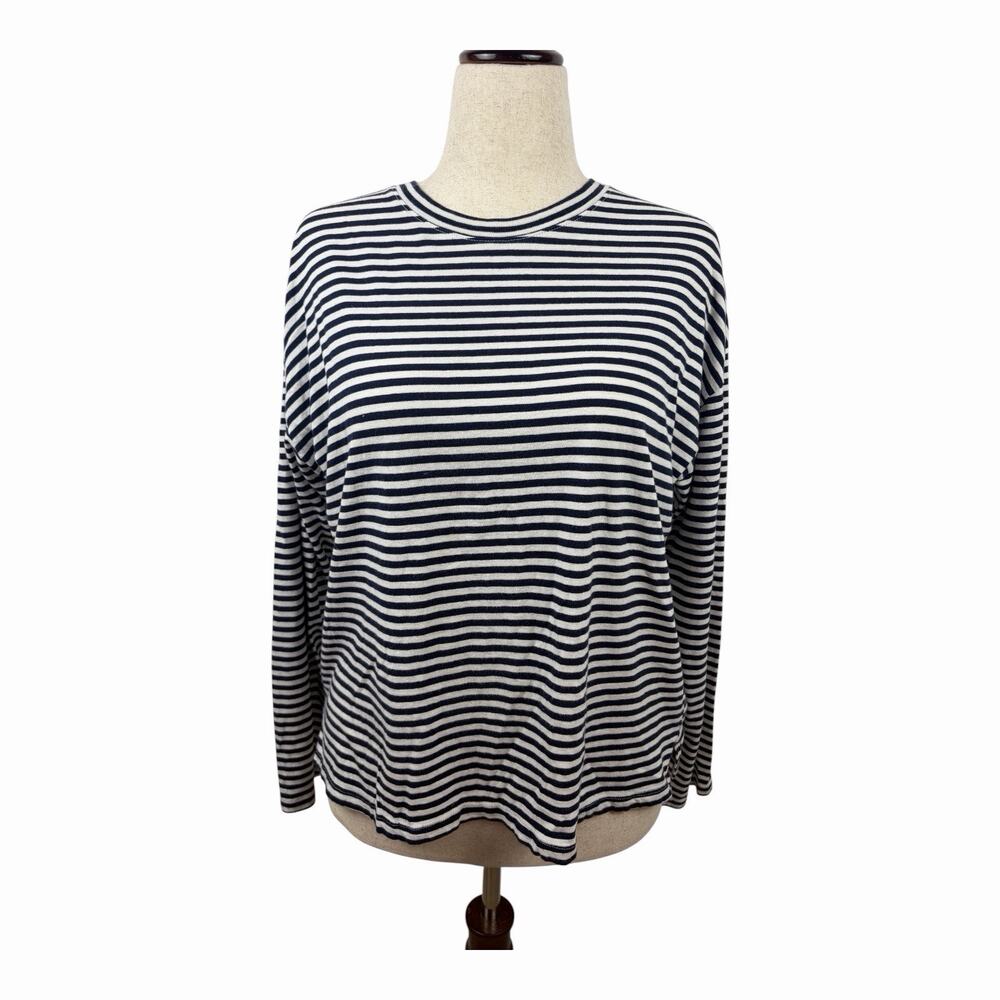A New Day Womens Large Navy White Breton Stripe Long Sleeve Cotton Top